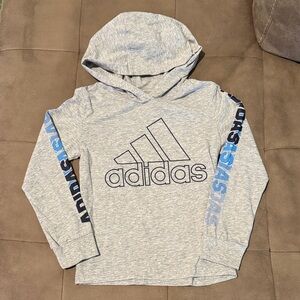 adidas Light Gray Hooded Logo Sweatshirt with Blue Sleeve Accents